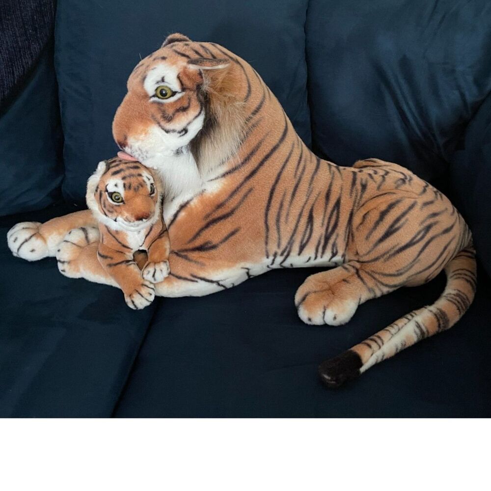 Bengal Tiger & Cub Plush Large Realistic Mom Baby Lying Large 30" Stuffed Animal